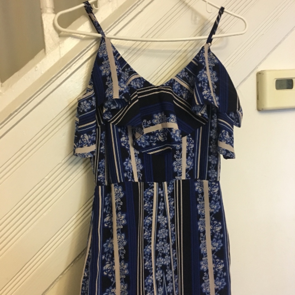 Off the shoulder blue floral jumpsuit